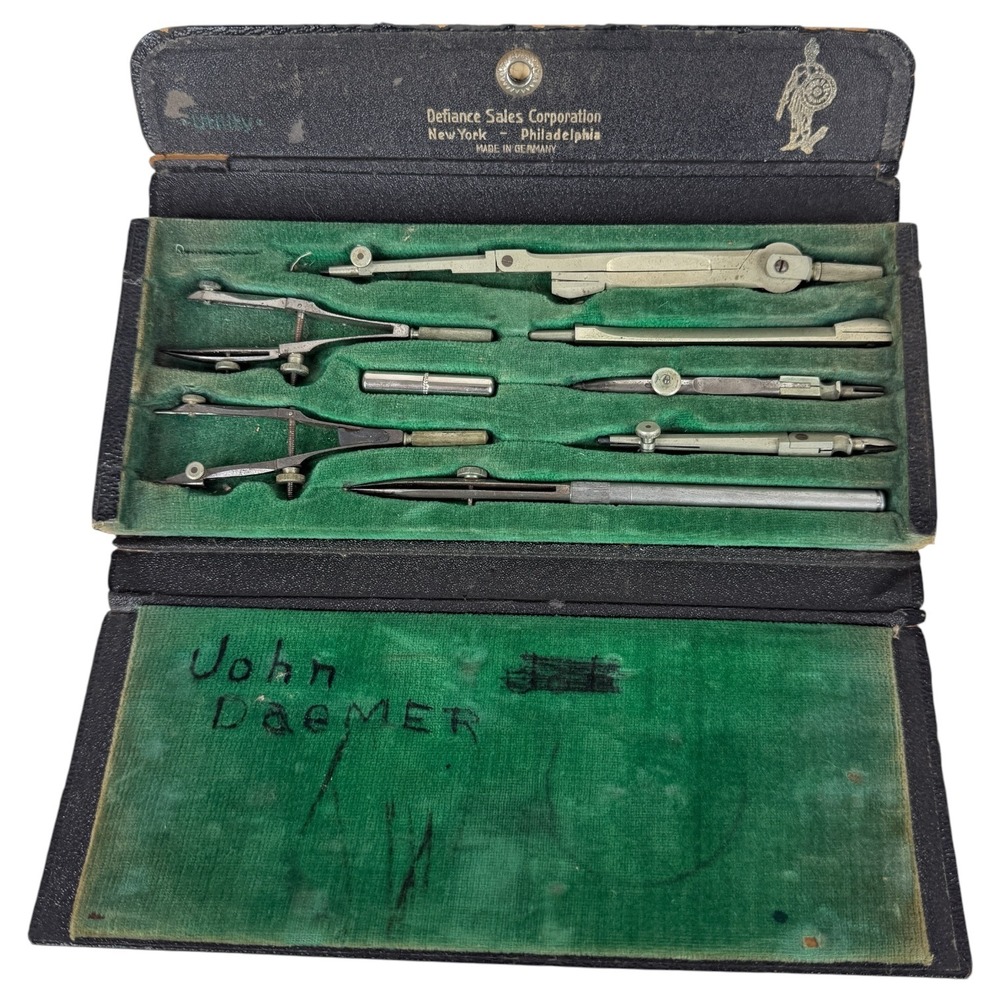 Vintage Drafting Tool Set 8 Piece Metal Silver Vintage Made in Germany Case